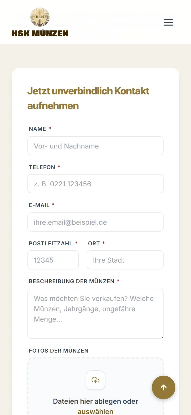 Anfrageformular von hsk-muenzen.de mit Foto-Upload auf dem Smartphone