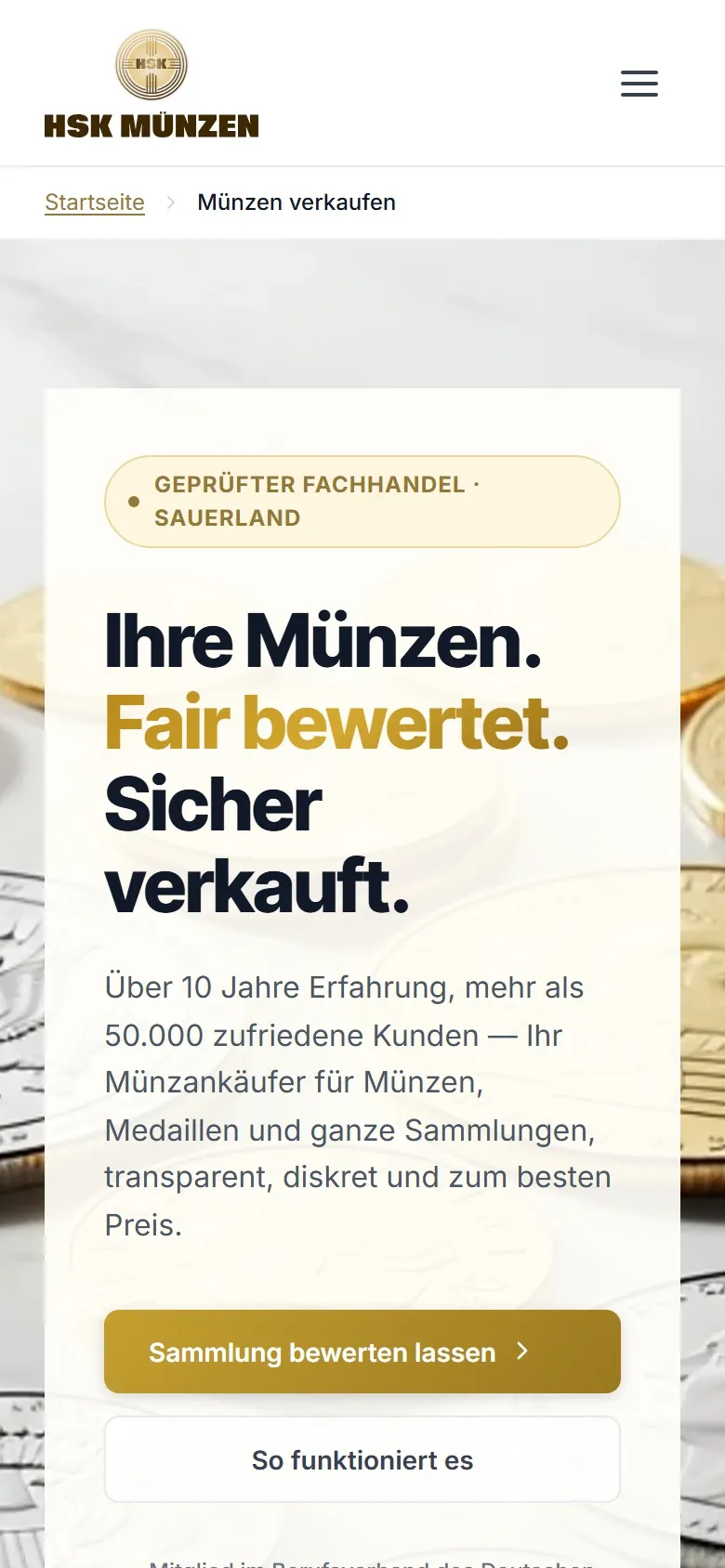 Startseite von hsk-muenzen.de auf dem Smartphone